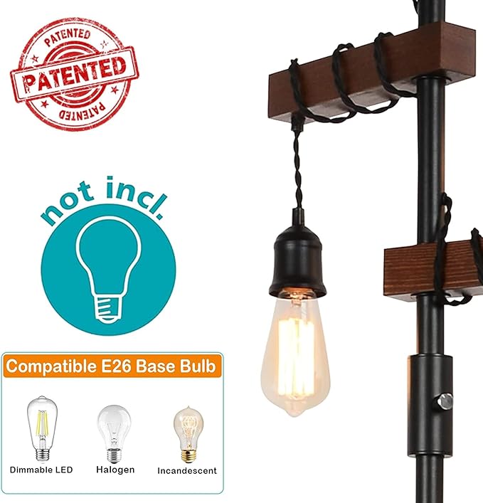 Dimmable Industrial Floor Lamp, Farmhouse Tree Floor Lamp, 68 Inch 3 Lights Wood Standing Lamp, Sturdy Base Tall Vintage Pole Light, Metal Black Floor Lamps for Living Room Bedroom Office Rustic Home - LeafyLoom