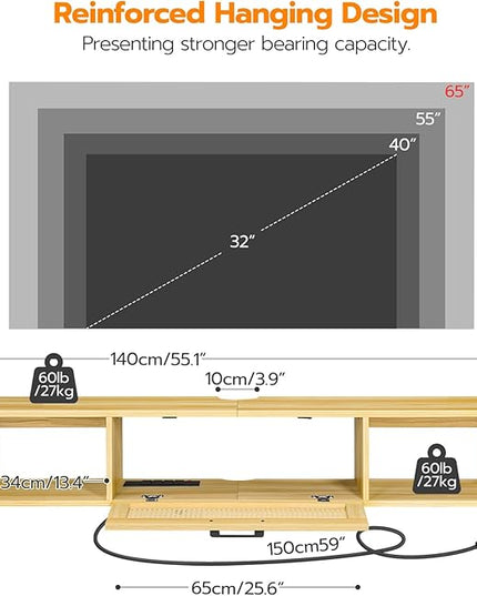 HOOBRO Floating TV Stand for TV up to 65 inches, Wall-Mounted TV Cabinet with 4 Power Outlet, Floating Entertainment Center TV Media Console Shelves with Rattan Flip-Down-Door, Natural NL140UDS01 - LeafyLoom