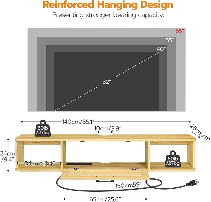 HOOBRO Floating TV Stand for TV up to 65 inches, Wall-Mounted TV Cabinet with 4 Power Outlet, Floating Entertainment Center TV Media Console Shelves with Rattan Flip-Down-Door, Natural NL140UDS01 - LeafyLoom