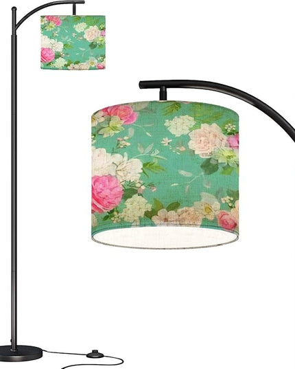 Modern Arc Floor Lamp with Dimmer Mid Century Beautiful Seamless Spring Roses Peony Orchid Succulents Metal Standing Lamp with Linen Shade Footswitch for Living Room Bedroom Office - LeafyLoom