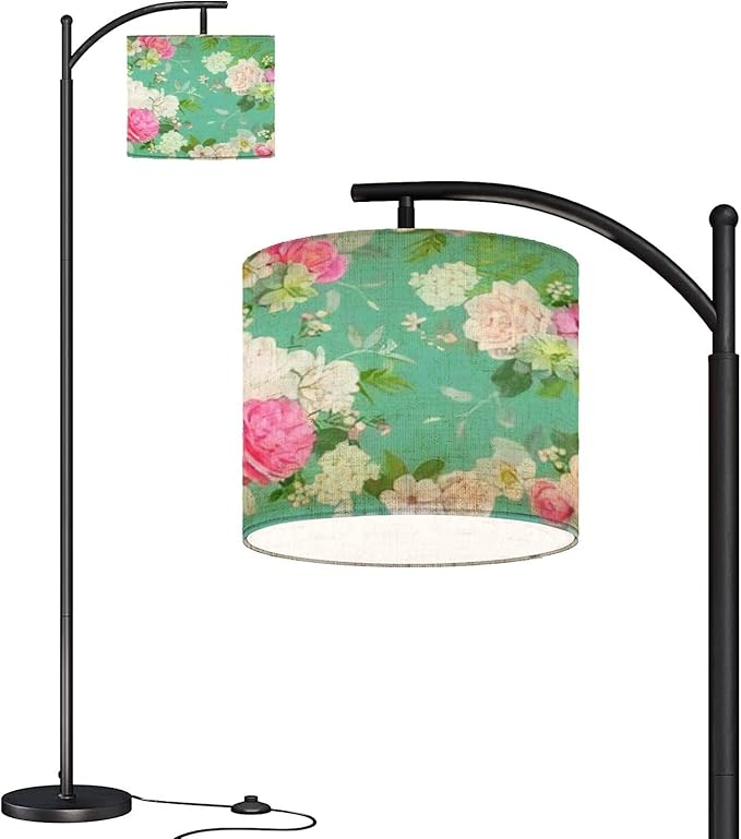 Modern Arc Floor Lamp with Dimmer Mid Century Beautiful Seamless Spring Roses Peony Orchid Succulents Metal Standing Lamp with Linen Shade Footswitch for Living Room Bedroom Office - LeafyLoom