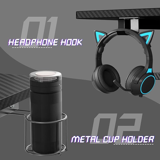 Small Gaming Desk with Shelves and Outlets, L Shaped Gaming Desk with LED Lights, Reversible L Shaped Computer Desk for Gamer, Carbon Fiber Black, 39"-11 - LeafyLoom