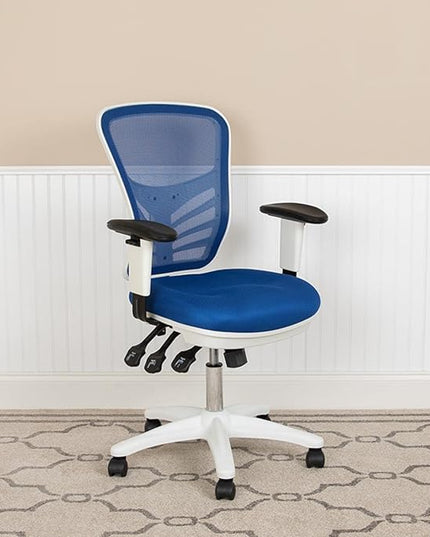 Flash Furniture Nicholas Mid-Back Blue Mesh Multifunction Executive Swivel Ergonomic Office Chair with Adjustable Arms and White Frame - LeafyLoom