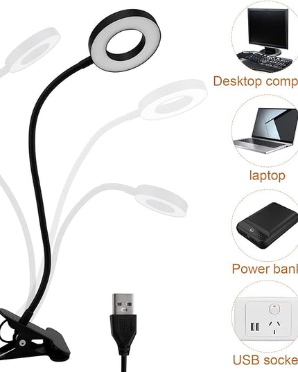 LED Clip On Light Reading Light, 10 Dimmable Brightness Gooseneck Clamp Desk Ring Light with Metal Bookmark for Reading Makeup Bedside (Size:Lamp+Bookmark) - LeafyLoom
