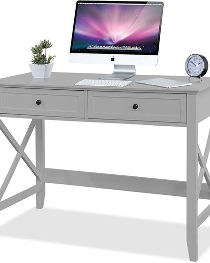 Computer Desk with 2 Drawers, Elegant Home Office Writing Study Desk with Storage, Modern Simple Vanity Desk Console Table for Living Room, Grey - LeafyLoom