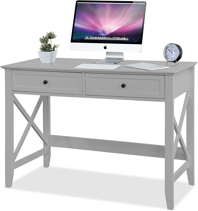Computer Desk with 2 Drawers, Elegant Home Office Writing Study Desk with Storage, Modern Simple Vanity Desk Console Table for Living Room, Grey - LeafyLoom