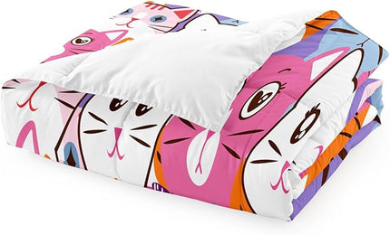 Cartoon Cat Bedding Set - 2Pcs Cute Cat Comforter Set for Bedroom Kids Boys Girls Cat Bedding Decor for All-Season Colorful Kitten Pattern Lovely Animal 1 Cat Comforter with 1 Pillowcase, Twin Size - LeafyLoom