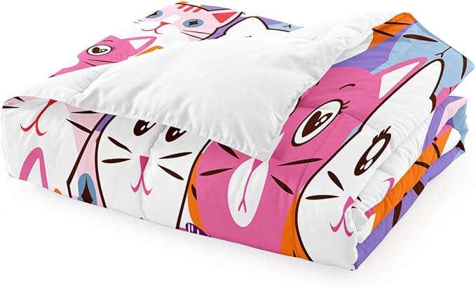 Cat Full Comforter Set for Bedroom - 3Pcs Colorful Cat Comforter Set for Teens Kids Cute Cartoon Cat Bedding Set Ultra Soft Warm Lightweight Kawaii Animal Patterns Comforter with 2 Pillowcases - LeafyLoom