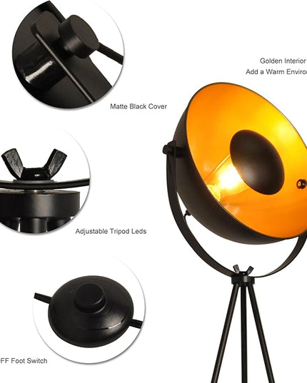 Modern Industrial Tripod LED Satellite Floor Lamp for Living Room, Adjustable Gold Lampshade Spotlight Standing Lamp with Foot Switch, Retro Black E26 Base Floor Light Fixture for Bedroom, Office - LeafyLoom