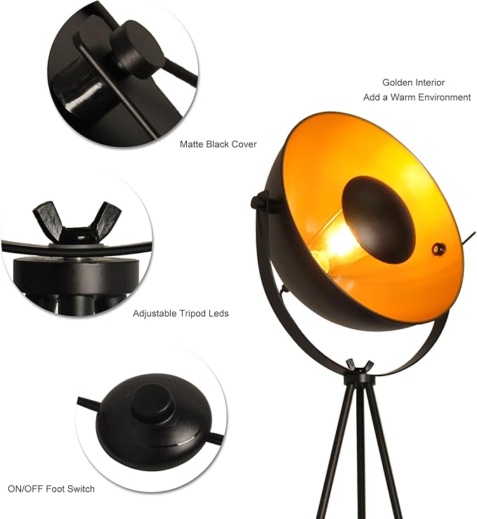 Modern Industrial Tripod LED Satellite Floor Lamp for Living Room, Adjustable Gold Lampshade Spotlight Standing Lamp with Foot Switch, Retro Black E26 Base Floor Light Fixture for Bedroom, Office - LeafyLoom