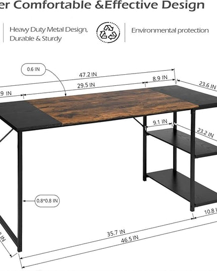 FurnitureR Computer 47.2 inch Rustic Student Laptop Writing Storage Shelves Space Saving, Simple Style PC Home Office Desk, L47.2 x W18.9 x H29.1, Black,Brown - LeafyLoom