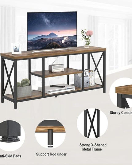 55 Inch TV Stand for Televisions up to 65 Inch, Modern Entertainment Center with Storage Shelves, Industrial Media TV Console for Living Room, Bedroom, Rustic Brown - LeafyLoom