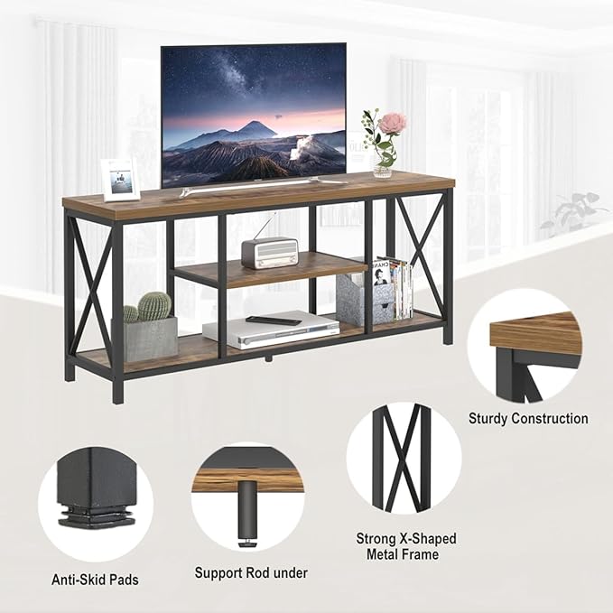 55 Inch TV Stand for Televisions up to 65 Inch, Modern Entertainment Center with Storage Shelves, Industrial Media TV Console for Living Room, Bedroom, Rustic Brown - LeafyLoom
