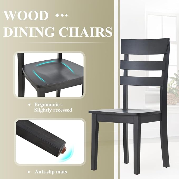 COLAMY Wooden Dining Chairs Set of 4, Ladder High Back Kitchen Side Chair, Farmhouse Armless Dining Room Chairs with Adjustable Foot Pegs, Black - LeafyLoom