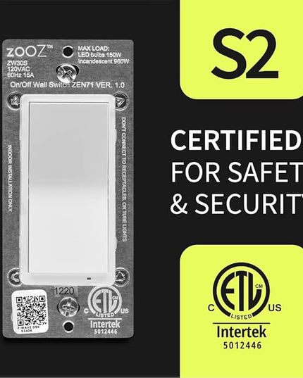 Zooz 800 Series Z-Wave Long Range On/Off Switch ZEN71 800LR, White | Direct 3-Way (No Add-On Switch Needed) | Z-Wave Hub Required ZOOZ