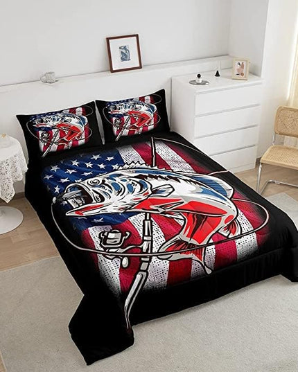 Fishing Comforter King Bass Fish American Flag Bedding Set Farmhouse Pike Fishing Comforter Set for Kids Boys Girls Teens Room Wild Fish Decor Red Blue Stripe Quilt Down Comforter Boys - LeafyLoom