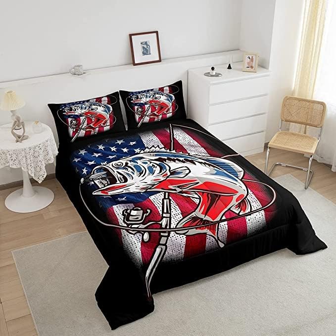Fishing Comforter King Bass Fish American Flag Bedding Set Farmhouse Pike Fishing Comforter Set for Kids Boys Girls Teens Room Wild Fish Decor Red Blue Stripe Quilt Down Comforter Boys - LeafyLoom