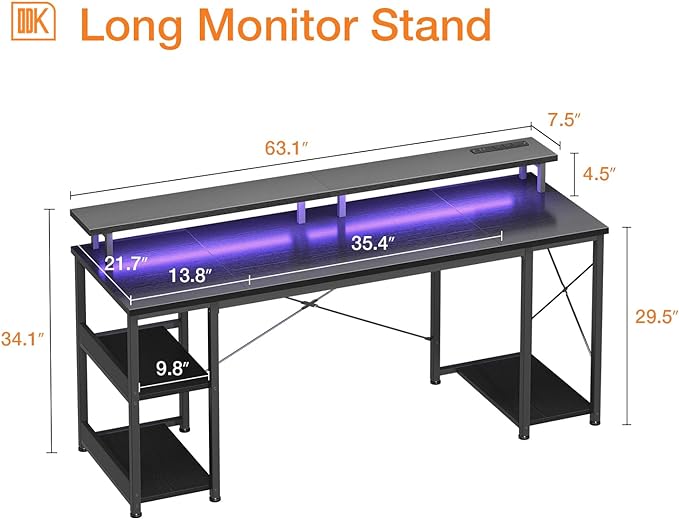 ODK 63 inch Computer Desk with Power Outlets & LED Lights, Gaming Desk with Monitor Stand & Storage Sheves, Home Office Desk, Black - LeafyLoom