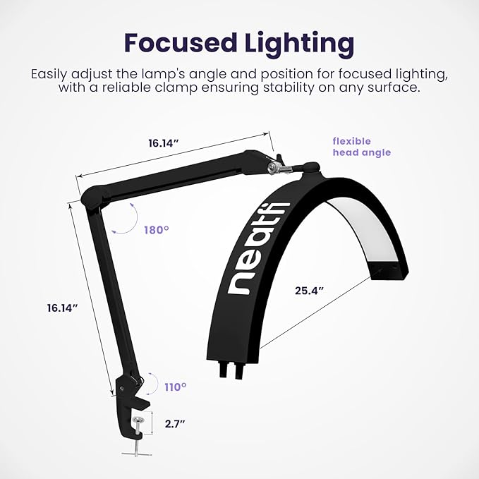 Neatfi Half Moon LED Table Lamp for Estheticians, Nail Tech, and Cosmetician for Nail Art, Facial, Waxing, Threading and Tattoo (with Clamp, Black) - LeafyLoom