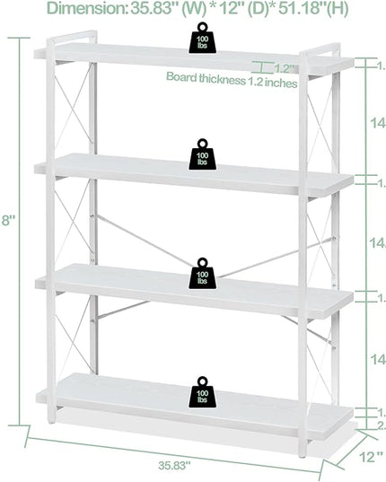 HCHQHS Bookshelf, 4-Tier Industrial Bookcase, White Open Book Shelf, Freestanding Tall Bookshelves with Metal Frame - LeafyLoom