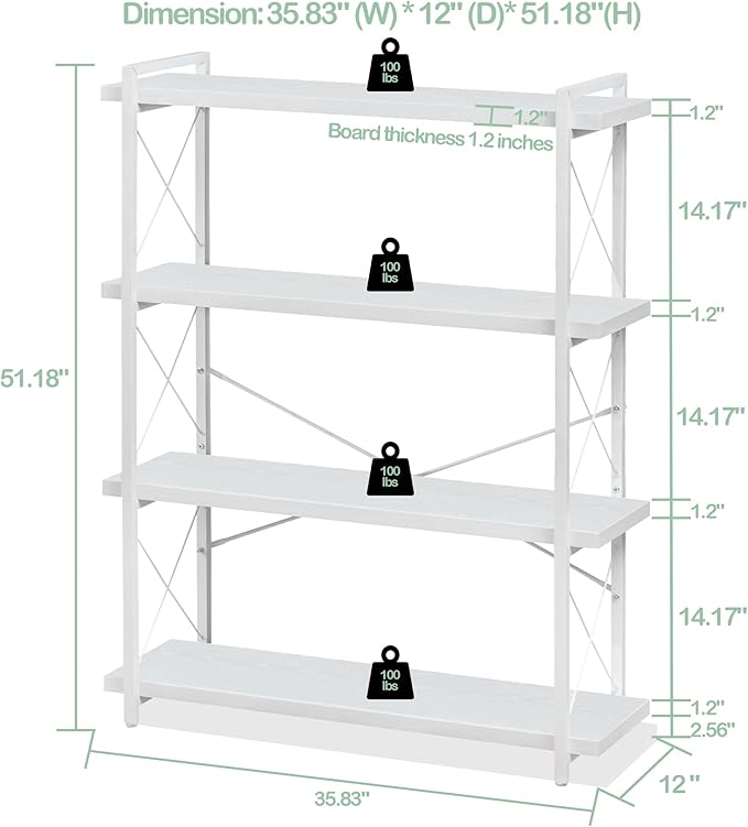 HCHQHS Bookshelf, 4-Tier Industrial Bookcase, White Open Book Shelf, Freestanding Tall Bookshelves with Metal Frame - LeafyLoom