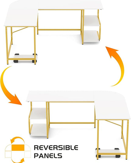 Teraves Reversible L Shaped Desk with Shelves 61“ Computer Desk Gaming Desk for Home Office Corner Office Desk for Small Space - LeafyLoom