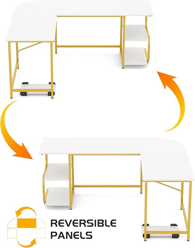 Teraves Reversible L Shaped Desk with Shelves 61“ Computer Desk Gaming Desk for Home Office Corner Office Desk for Small Space - LeafyLoom