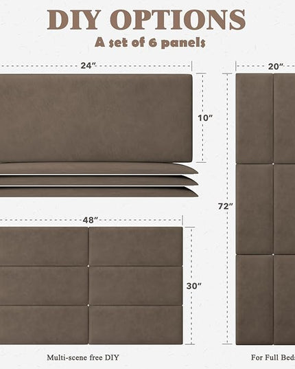 Twin Full Headboard, Wall Mounted Peel and Stick Headboard, Upholstered Leather Bed Headboard for Twin Size Bed, Floating Dorm Bedroom Tall Headboard Soundproof Wall Panels (6 Panels, 10"x24") - LeafyLoom