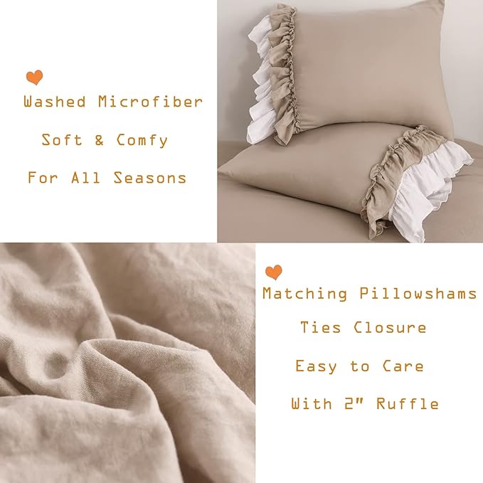 Taupe Ruffled Comforter King Size,Farmhouse Rustic Bedding Shabby Boho Chic Taupe Bedding Vintage Aesthetic Lightweight Fluffy Comforter Set 3 Pieces - LeafyLoom