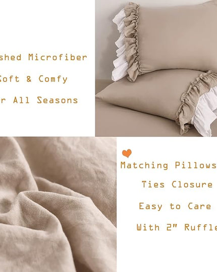 Ruffled Taupe Comforter Set Queen,Farmhouse Shabby Bedding Comforter Sets Vintage French Country Taupe Bedding 3PCS（1 Shabby Comforter and 2 Ruffle Pillowcases） - LeafyLoom