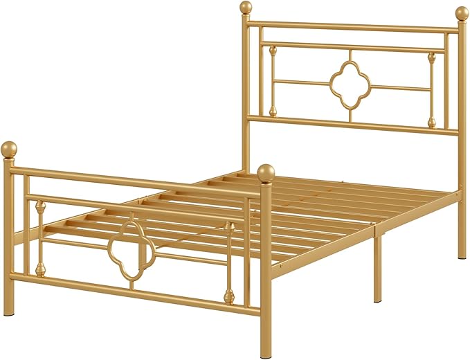 Allewie Twin Size Metal Platform Bed Frame with Victorian Vintage Headboard and Footboard/Mattress Foundation/Under Bed Storage/No Box Spring Needed/Noise-Free/Easy Assembly, Gold - LeafyLoom