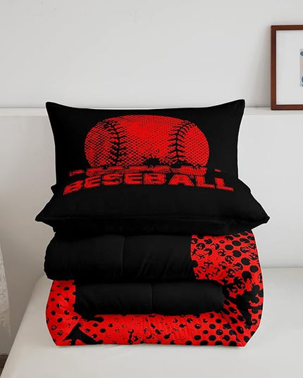 Erosebridal Kids Baseball King Size Bedding Set Red Black Sports Comforter Set for Boys Girls Teen,Reversible Black Quilt Comforter Soft Lightweight for All Season,1 Comforter and 2 Pillow Cases - LeafyLoom