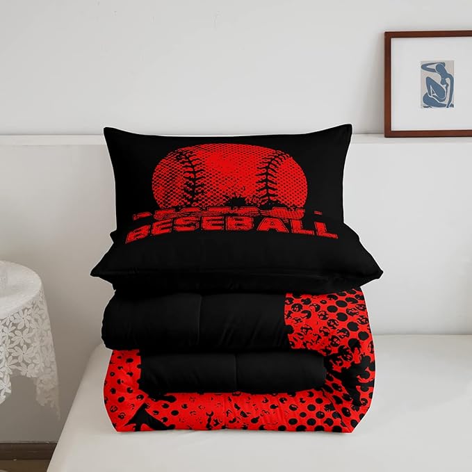 Erosebridal Kids Baseball King Size Bedding Set Red Black Sports Comforter Set for Boys Girls Teen,Reversible Black Quilt Comforter Soft Lightweight for All Season,1 Comforter and 2 Pillow Cases - LeafyLoom