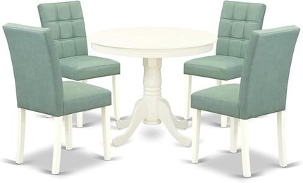 East West Furniture ANAS5-LWH-43 Antique 5 Piece Dinner Set Contain A Wooden Table and 4 Willow Green Linen White Kitchen Chairs with Stylish Back, Finish, 36x36 Inch - LeafyLoom