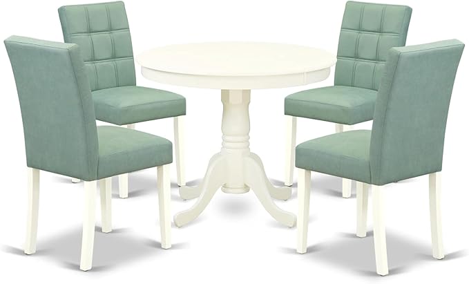 East West Furniture ANAS5-LWH-43 Antique 5 Piece Dinner Set Contain A Wooden Table and 4 Willow Green Linen White Kitchen Chairs with Stylish Back, Finish, 36x36 Inch - LeafyLoom