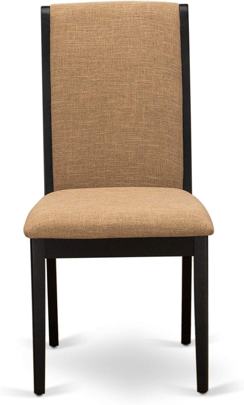 East West Furniture ESLA3-BCH-47 Eden 3 Piece Modern Dining Set Contains a Round Wooden Table with Pedestal and 2 Light Sable Linen Fabric Upholstered Chairs, 30x30 Inch, Black & Cherry - LeafyLoom