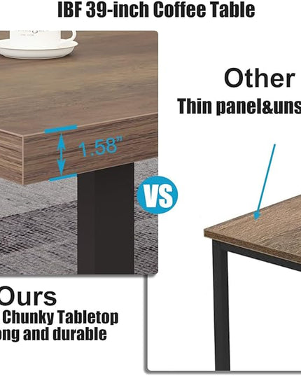 IBF Farmhouse Coffee Table, Modern Simple Wood Coffee Table for Living Room, Industrial Minimalist Rectangle Center Table, Wood and Metal Tea Coffee Table for Home Office Bedroom, Rustic Oak, 39 inch - LeafyLoom