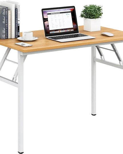 Need Folding Desk for Home Office 39-3/8 inch Length Modern Folding Table Computer Desk No Install Needed Teak Color Desktop White Frame AC5BW(100 * 60) - LeafyLoom