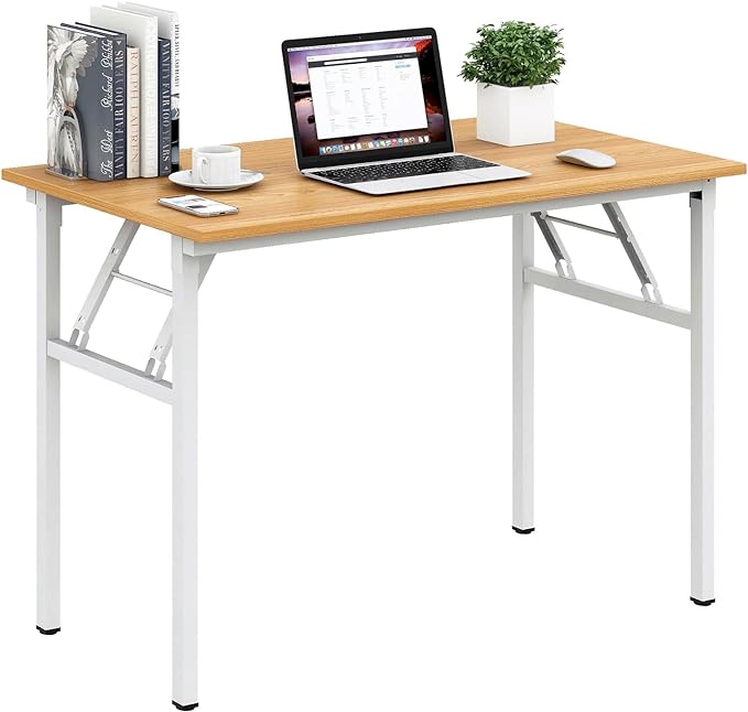 Need Folding Desk for Home Office 39-3/8 inch Length Modern Folding Table Computer Desk No Install Needed Teak Color Desktop White Frame AC5BW(100 * 60) - LeafyLoom
