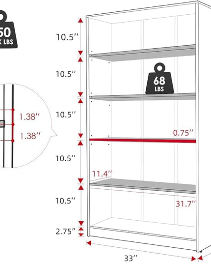 STARY 5 Shelf Black Bookcase 60 inch Tall Wood Bookshelf for Bedroom - LeafyLoom