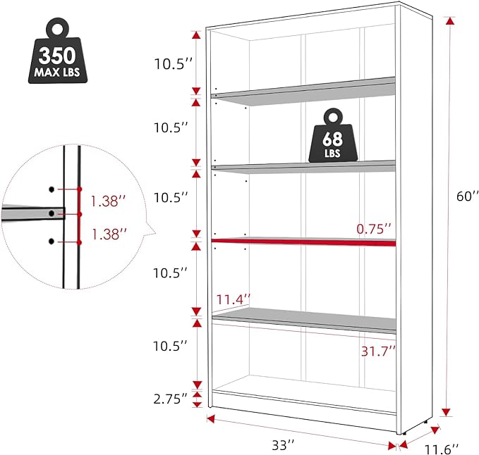 STARY 5 Shelf Black Bookcase 60 inch Tall Wood Bookshelf for Bedroom - LeafyLoom