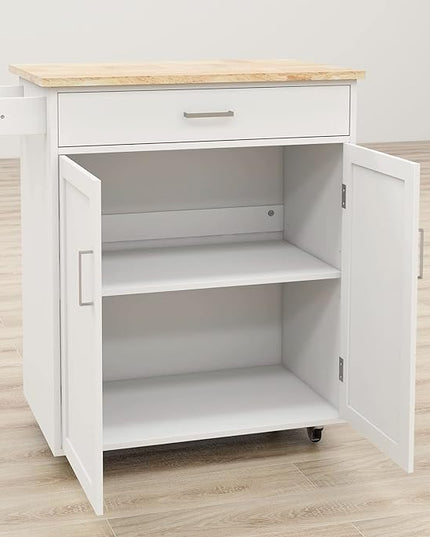 Kitchen Island with Storage, 32" kitchen Island Cart with Drawer and Adjustable Shelf, Rolling Kitchen Island with Towel Rack and Rubber Wood Table Top for Dining Room, Living Room, White - LeafyLoom