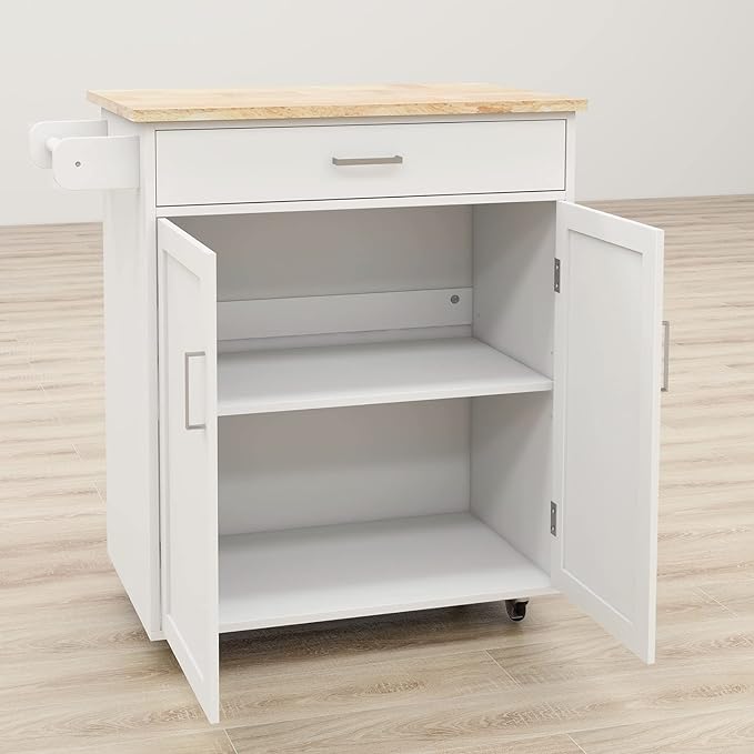 Kitchen Island with Storage, 32" kitchen Island Cart with Drawer and Adjustable Shelf, Rolling Kitchen Island with Towel Rack and Rubber Wood Table Top for Dining Room, Living Room, White - LeafyLoom