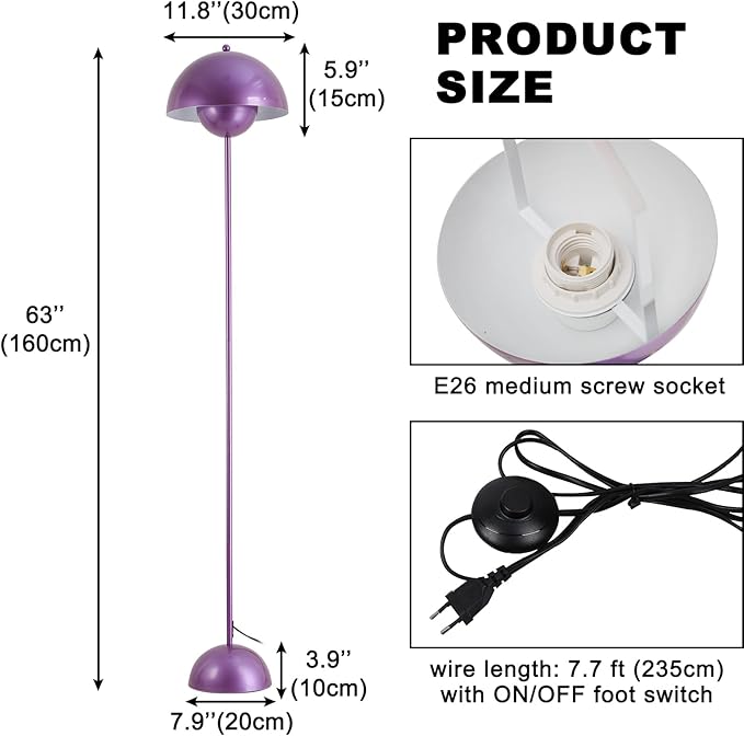 COSYLUX Modern Floor Lamp for Living Room, Industrial Tall Standing Lamp for Bedroom, Metal Shade Reflecting Light reading Floor Lamp for Office, Nursery Room, Corner(Pearl Purple) - LeafyLoom
