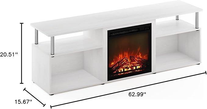 Furinno Jensen Open Storage Fireplace Entertainment Center for TV up to 70 Inch with Stainless Steel Tubes, White Oak/Chrome - LeafyLoom
