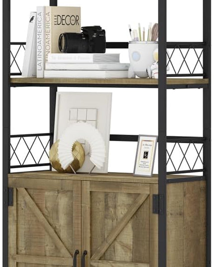 Rustic Bookcase with Storage Cabinet, Farmhouse Tall Bookshelf with Doors, Industrial Wood Metal Book Shelf for Home Office, Living Room, Bedroom (Rustic Oak) - LeafyLoom