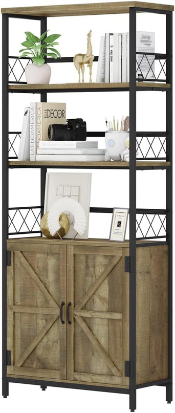 Rustic Bookcase with Storage Cabinet, Farmhouse Tall Bookshelf with Doors, Industrial Wood Metal Book Shelf for Home Office, Living Room, Bedroom (Rustic Oak) - LeafyLoom