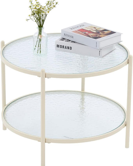 VINGLI 25.6" Small Cream White Round Coffee Table Water-wave Glass Circle Clear Coffee Table, Center Table with 2-Tier Modern Storage Design for Living Room, Bedroom, Meeting Room, Balcony, Beige - LeafyLoom