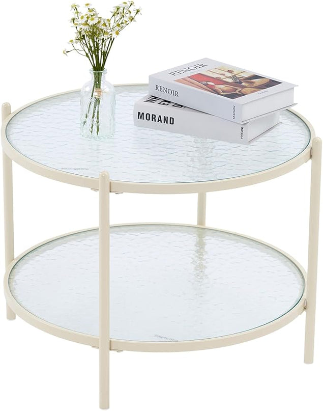 VINGLI 25.6" Small Cream White Round Coffee Table Water-wave Glass Circle Clear Coffee Table, Center Table with 2-Tier Modern Storage Design for Living Room, Bedroom, Meeting Room, Balcony, Beige - LeafyLoom