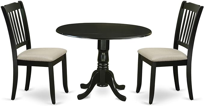 East West Furniture DLDA3-BLK-C Dublin 3 Piece Set Contains a Round Dining Room Table with Dropleaf and 2 Linen Fabric Upholstered Kitchen Chairs, 42x42 Inch, Black - LeafyLoom